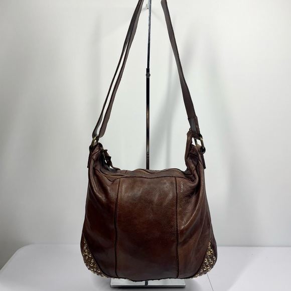 Toscani Handbags - Toscani Pebbled Brown Leather Crossbody Large Hobo Bag Gold Silver Bronze Studs!